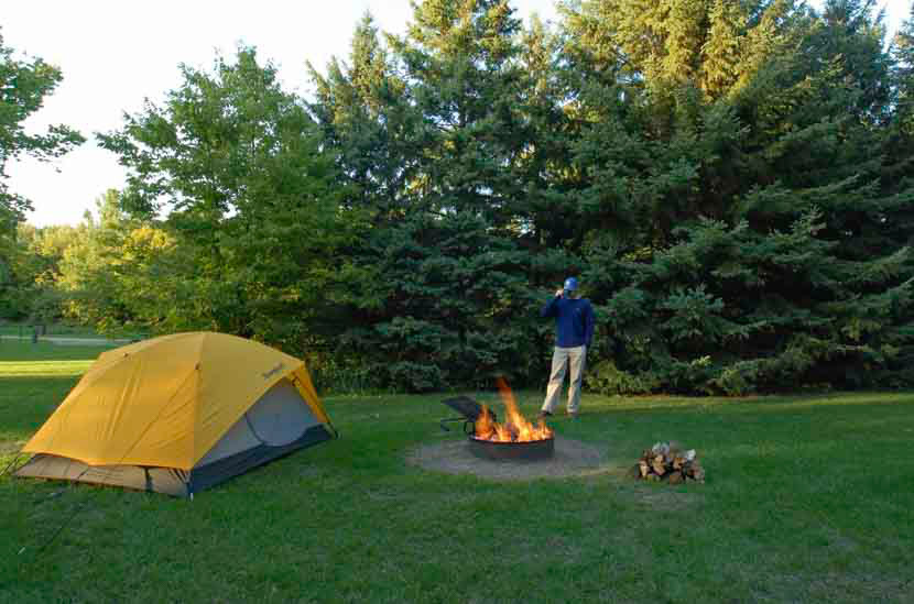 Camp fire and tent