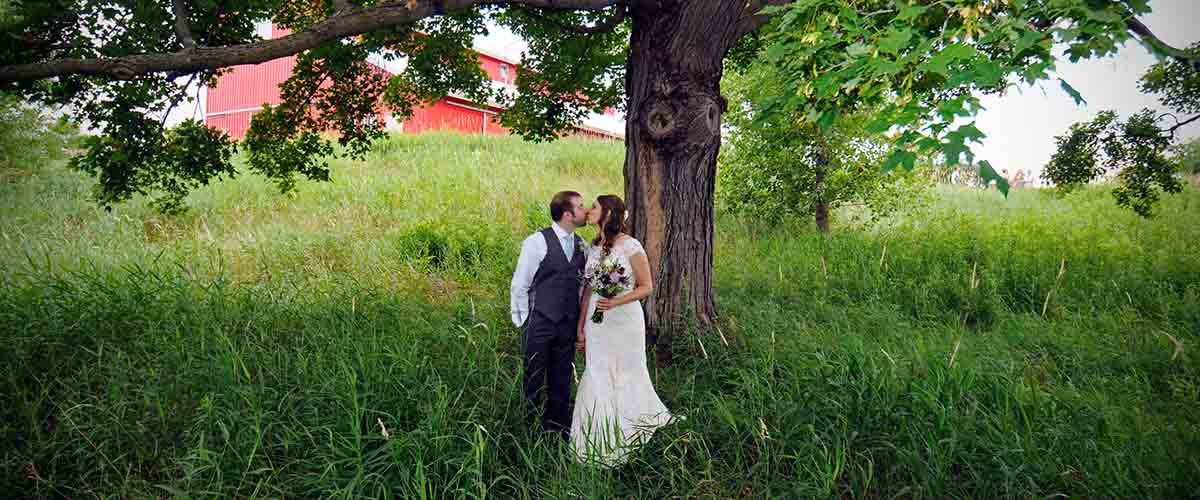 Bride and groom under oak tree