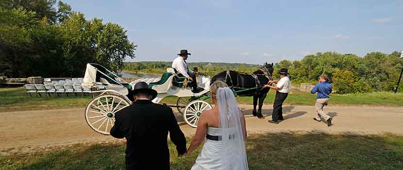 bride and groom walk towards a horse drawn carriage