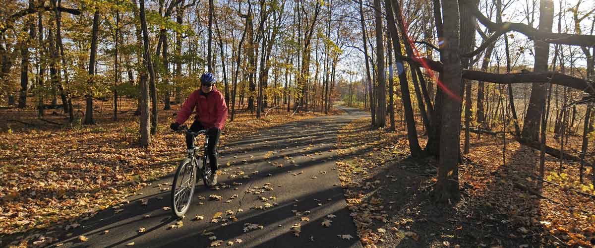 Person biking on paved trail through fall foliage
