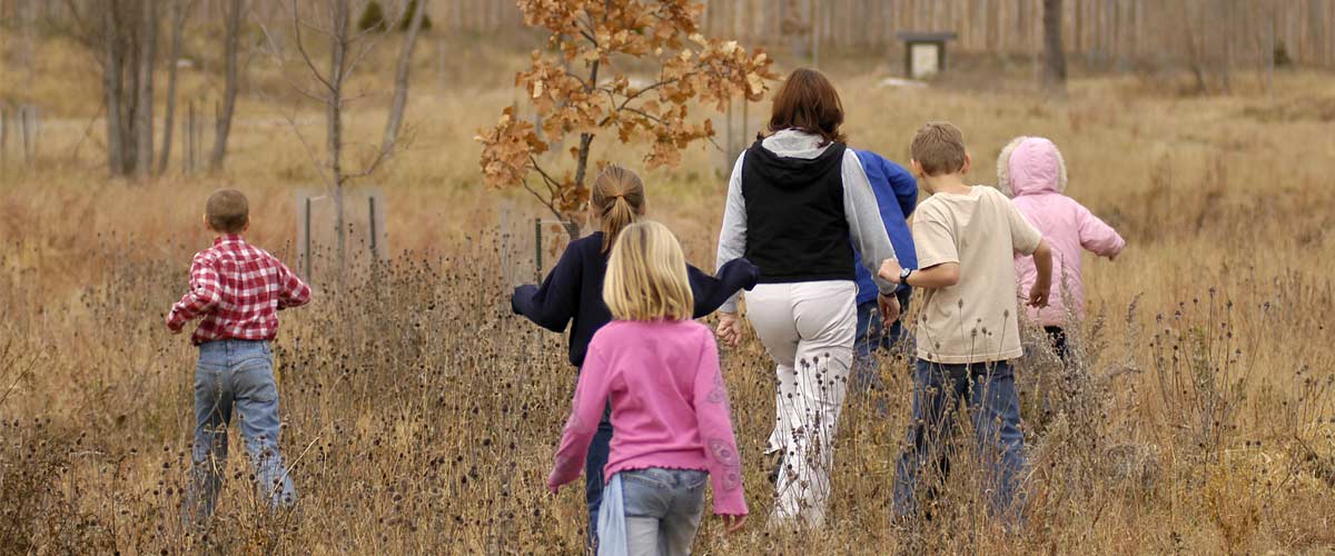 Group of kids walking through tall grasses in fall