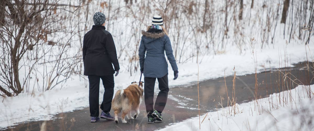 Two people walking a dog on a paved trail in the winter