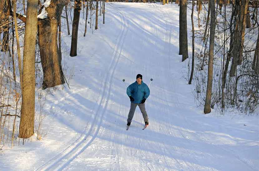 a woman cross-country skiing down a wooded path in the snow.