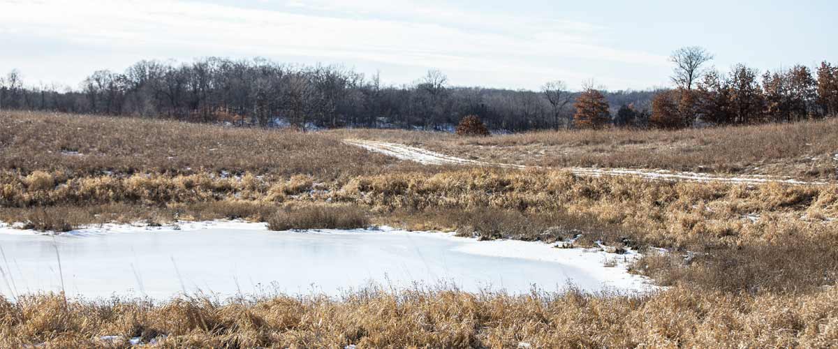 a frozen lake in a prairie with bits of snow on the ground.