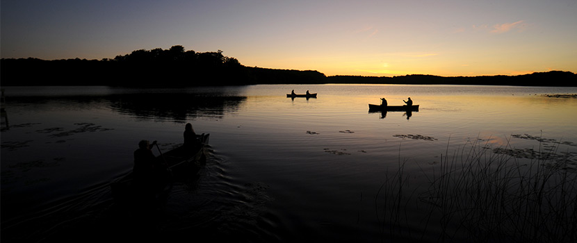three canoes paddling on a lake just after sunset