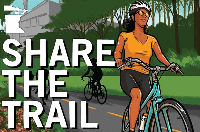 An illustration of a woman biking. Text over it says "Share the Trail."