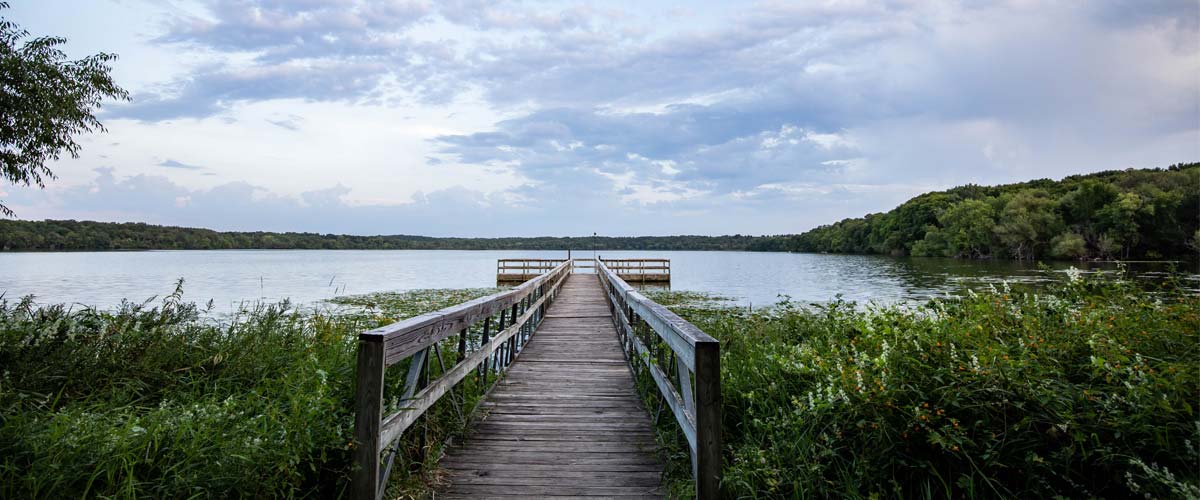 A long wooden fishing pier extends into a lake in the summer.