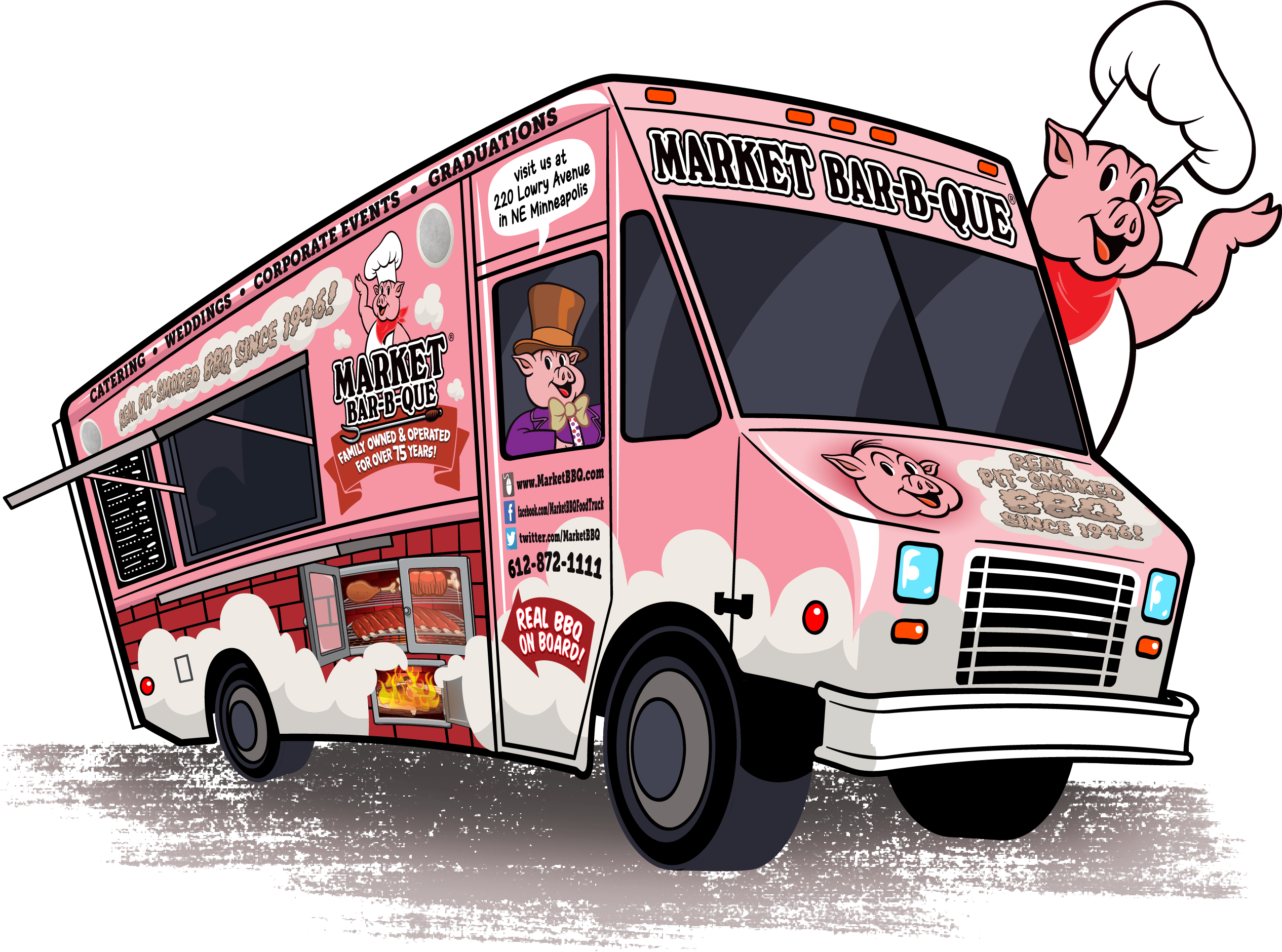 Pink Market BBQ Food Truck with Pig in Chef hat waving