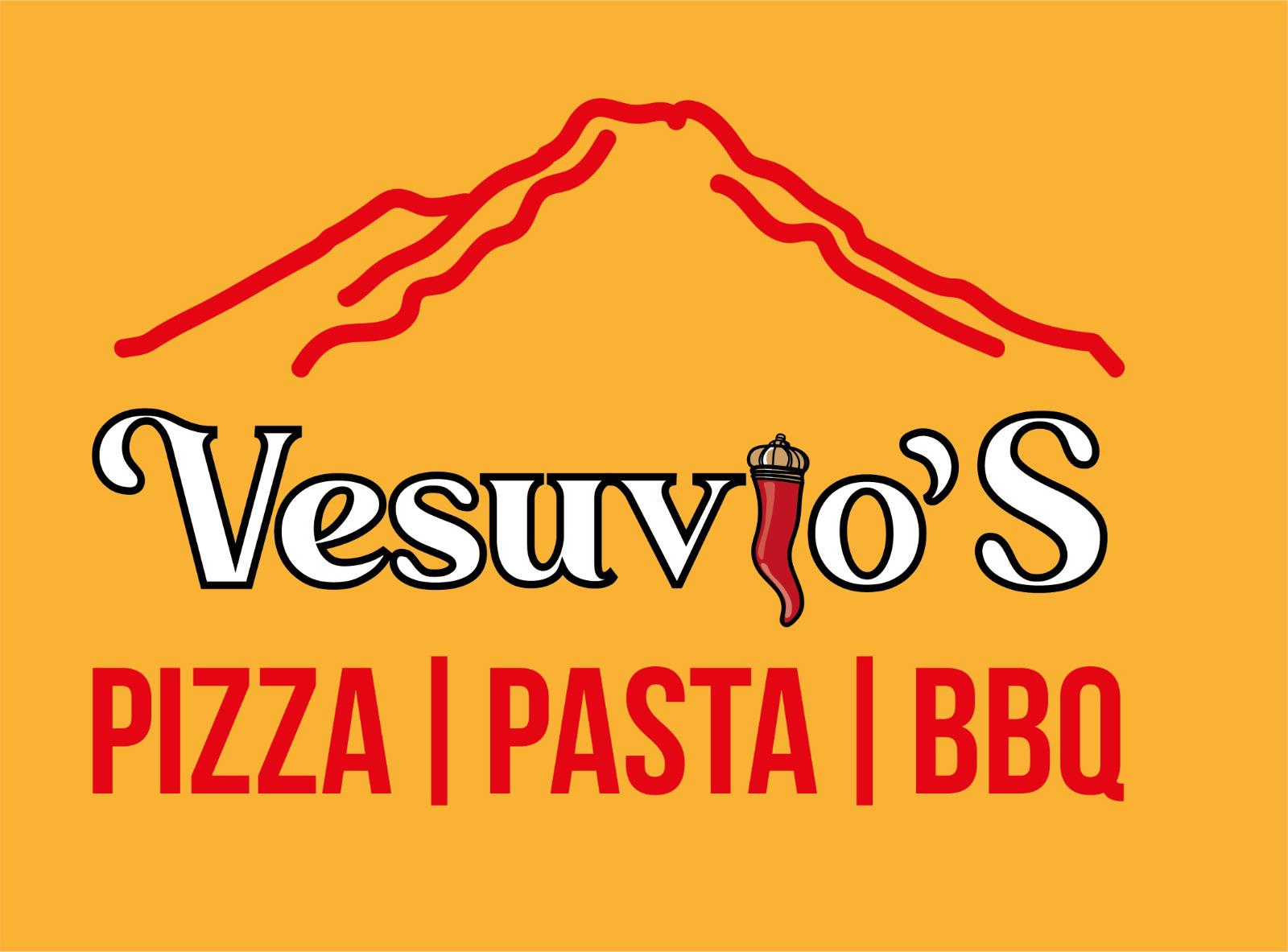 Vesuvios red text on yellow field Pizza Pasta & BBQ