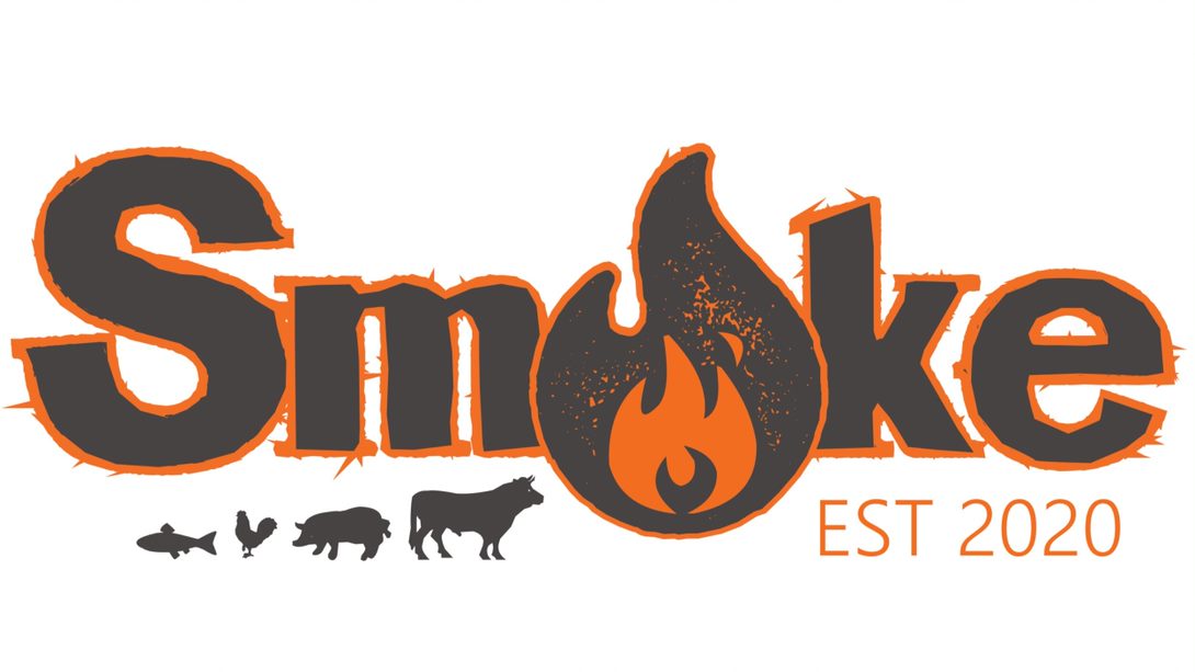 Smoke logo. The word "Smoke" has a flame for the "o" and below it is written "Est 2020" with silhouettes of a fish, a rooster, a pig and a cow.