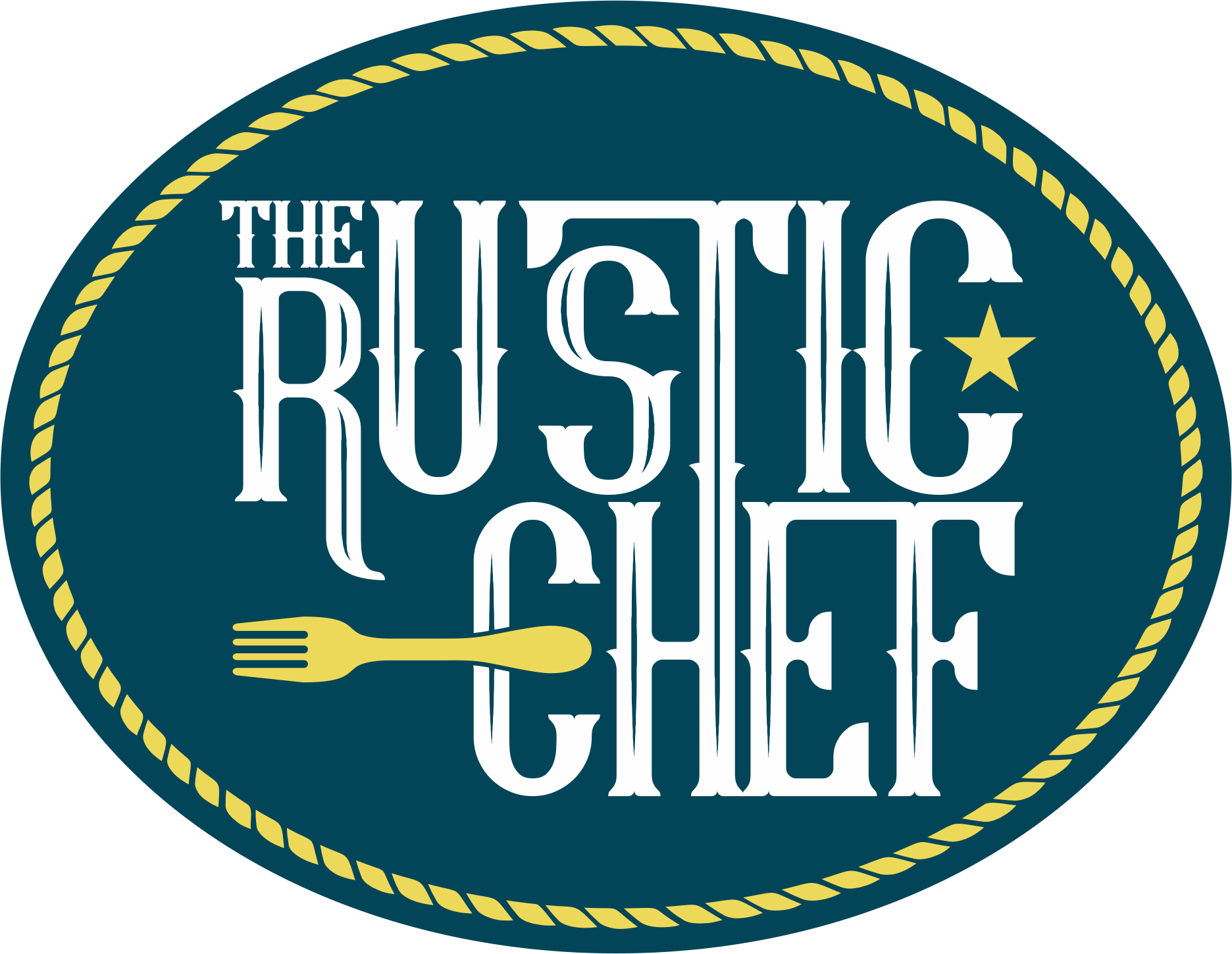The Rustic Chef logo: a navy oval with "The Rustic Chef" written within it and a fork and star laid within.