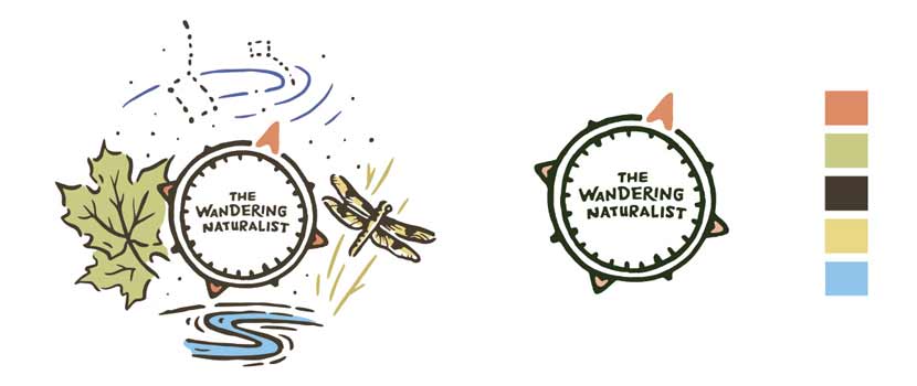 The new Wandering Naturalist graphic is on the left, with the compass element pulled out in the middle and the color scheme swatches on the right.