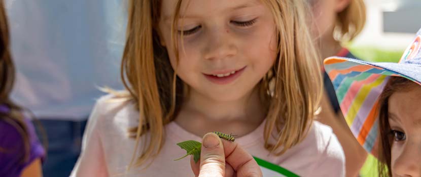 Two girls look at a caterpillar that rests on a naturalist's fingertips.