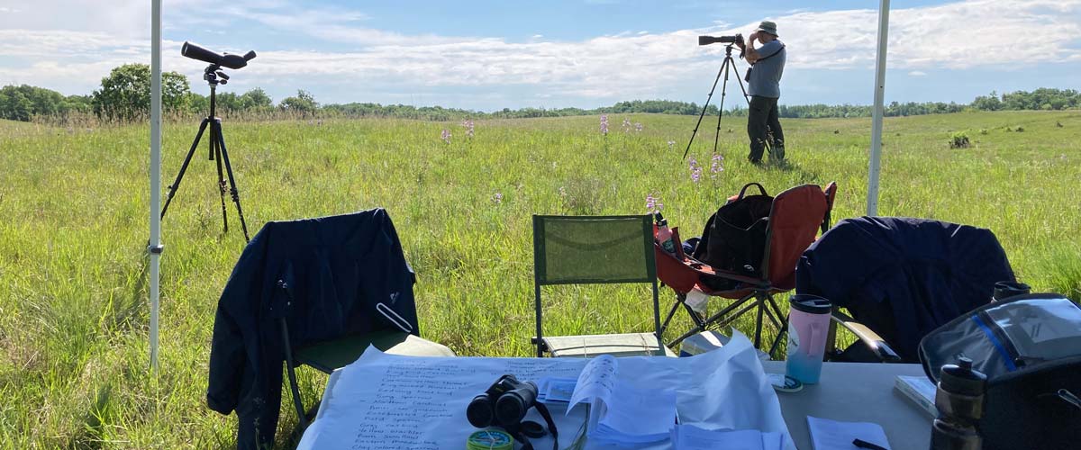 Binoculars, a birding list, notebooks and water bottles sit atop a table under a tent. In the background, binoculars are set up in the prairie grass and one person peers through one of the binoculars.