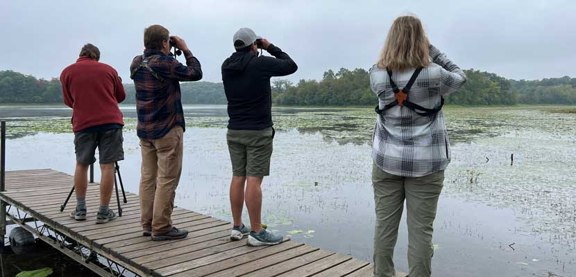 Four people stand on a dock with binoculars, looking over the water for birds.