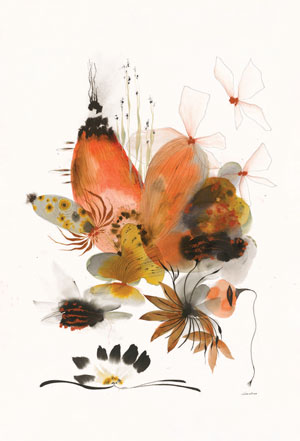 Artwork by Suyao Tian showcases colorful flowers with orange, black and golden tones.