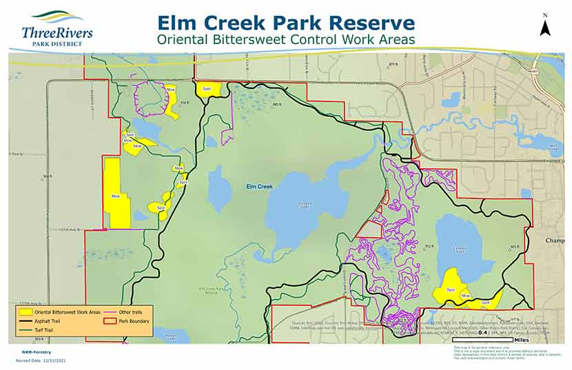 A map of Elm Creek Park Reserve showing areas where oriental bittersweet exists.