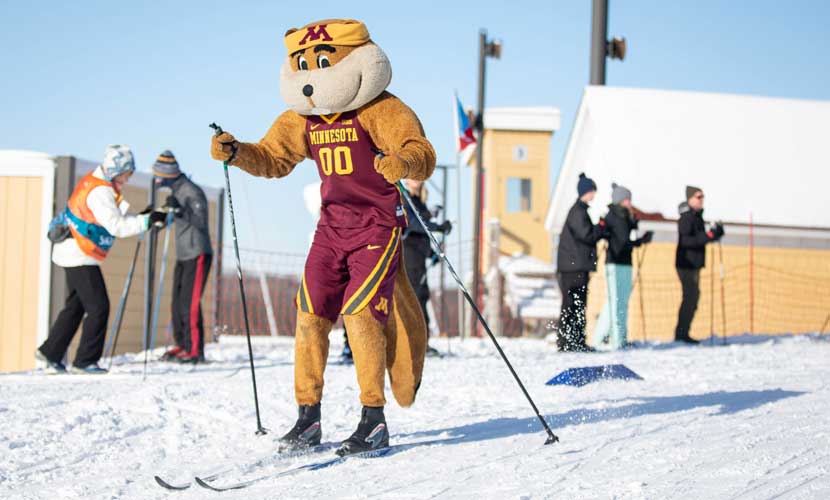 Goldy Gopher, University of Minnesota's mascot, skis.