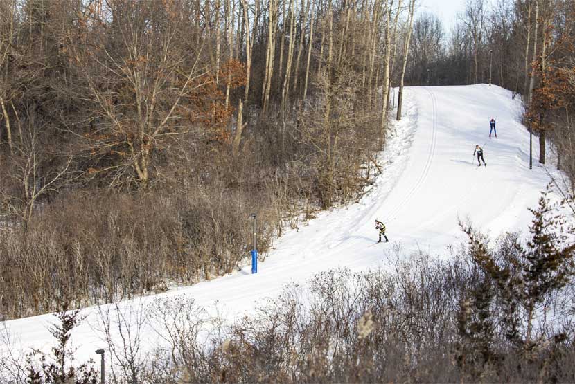 Three cross-country skiers go down a steep hill through the woods.