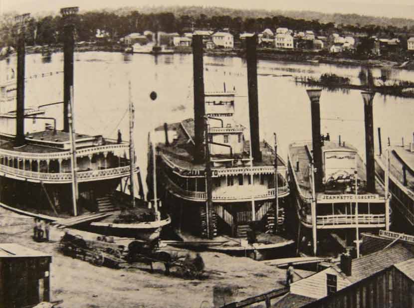 black and white image of the St. Paul waterfront circa 1858