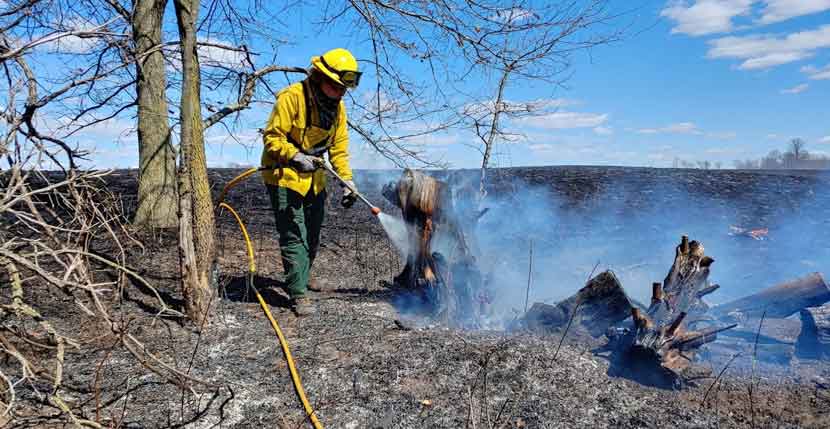 a woman in a fire-resistant yellow suit sprays burned stumps and embers along the edge of the prairie