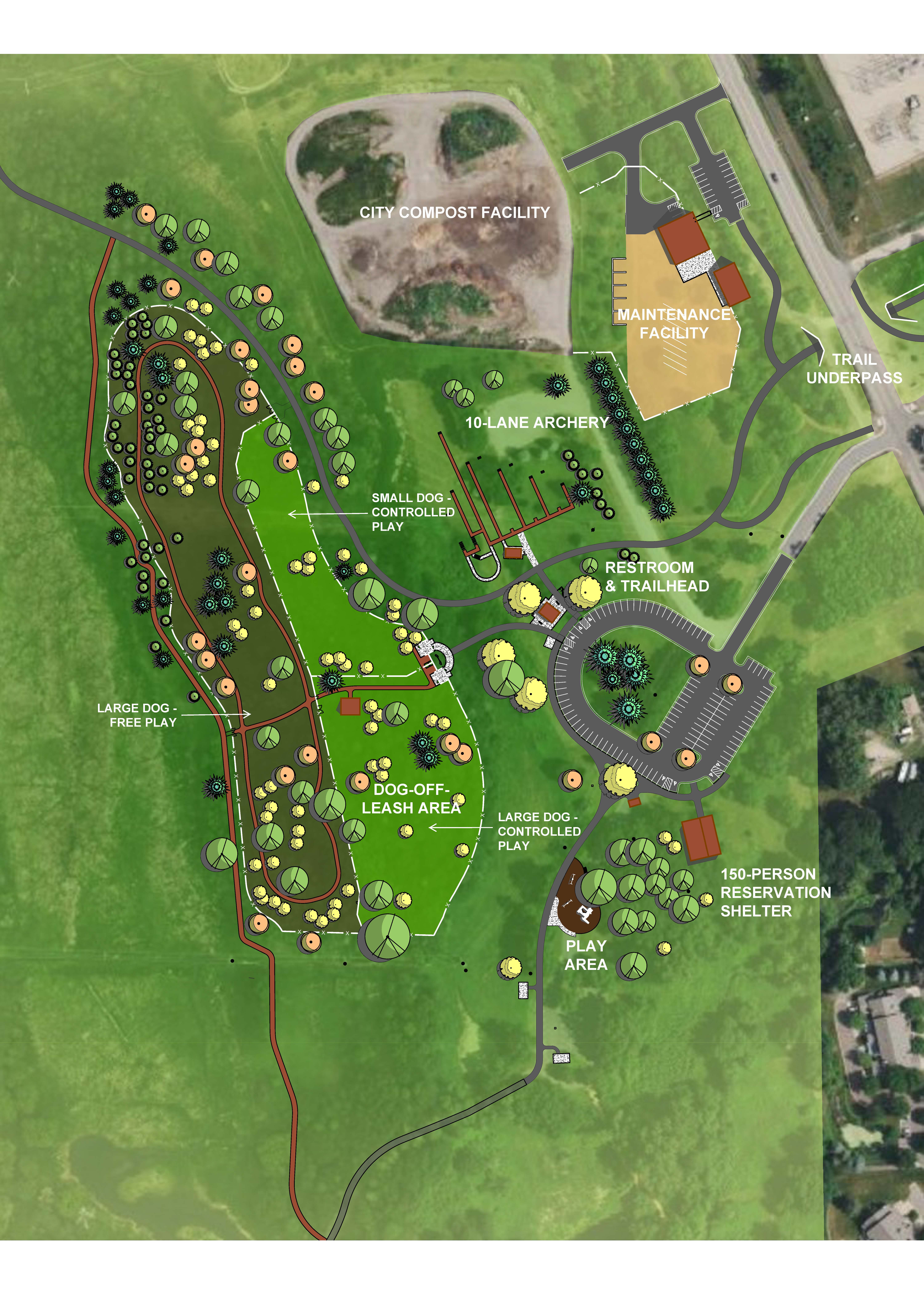 A map of the proposed park features on the west side of Mississippi Gateway Regional Park.