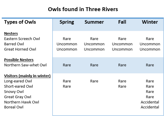 table showing data of owl spottings in three rivers