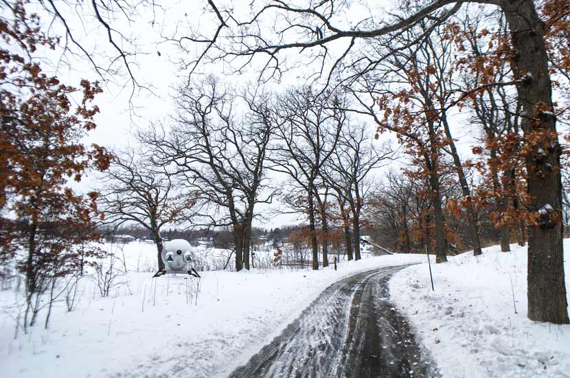 A paved trail skirts the shores of Silver Lake at Silverwood Park on a snowy winter day. The trail passes under oak trees and a metal sculpture sits to the left of the trail.