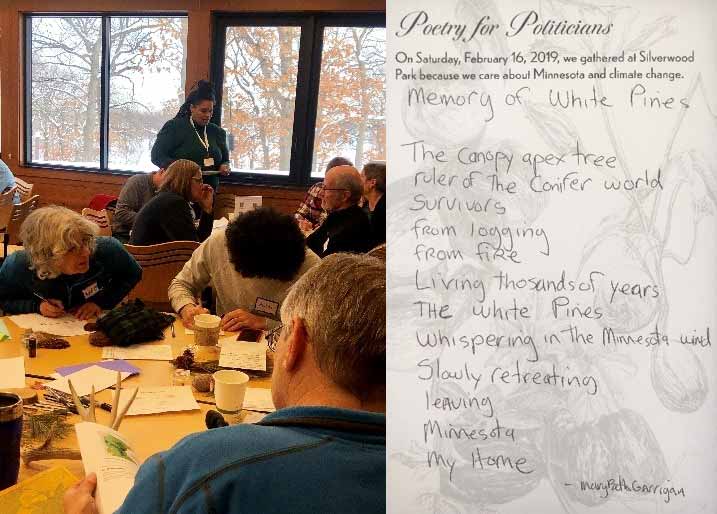 on the left is an image of a woman standing over several people writing at tables. On the right is a poem written for the poetry for politicians event.