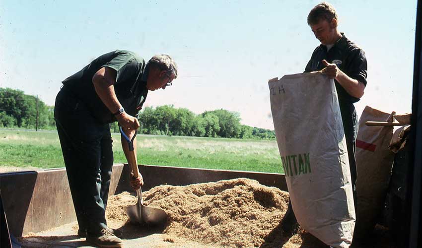 two men shoveling sand and mixing with seeds in a large bage