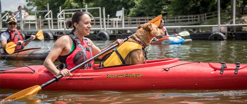 a woman in a red kayak with her dog. 