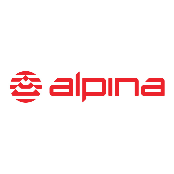Alpina logo with a red-and-white illustration of a triangle inside a circle and text reading "alpina"
