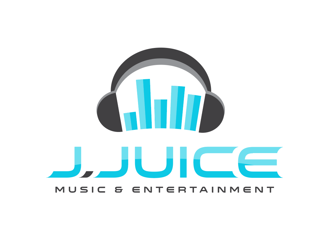 J. Juice Music & Entertainment logo with black headphones surrounding blue level bars.