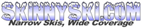 SkinnySki.Com written in an icy font, with "Narrow Skis, Wide Coverage" in black text underneath.